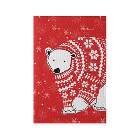 Обложка для паспорта матовая кожа с принтом Белый медведь в свитере в Екатеринбурге, натуральная матовая кожа | размер 19,3 х 13,7 см; прозрачные пластиковые крепления | Тематика изображения на принте: red | snow | snowflakes | stars | sweater | white bear | winter | белый медведь | звезды | зима | красный | снег | снежинки