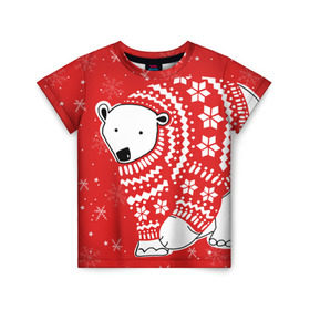 Детская футболка 3D с принтом Белый медведь в свитере в Екатеринбурге, 100% гипоаллергенный полиэфир | прямой крой, круглый вырез горловины, длина до линии бедер, чуть спущенное плечо, ткань немного тянется | red | snow | snowflakes | stars | sweater | white bear | winter | белый медведь | звезды | зима | красный | снег | снежинки