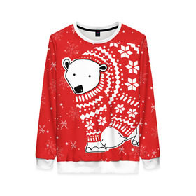 Женский свитшот 3D с принтом Белый медведь в свитере в Екатеринбурге, 100% полиэстер с мягким внутренним слоем | круглый вырез горловины, мягкая резинка на манжетах и поясе, свободная посадка по фигуре | red | snow | snowflakes | stars | sweater | white bear | winter | белый медведь | звезды | зима | красный | снег | снежинки