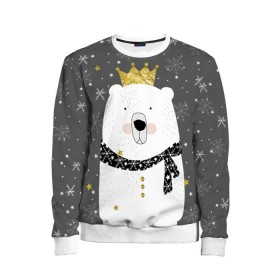 Детский свитшот 3D с принтом Белый медведь в короне в Екатеринбурге, 100% полиэстер | свободная посадка, прямой крой, мягкая тканевая резинка на рукавах и понизу свитшота | animal | bear | crown | gold | mountains | scarf | snow | snowflakes | stars | white | winter | белый | горы | животные | звезды | зима | золотая | корона | медведь | снег | снежинки | шарф