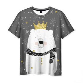 Мужская футболка 3D с принтом Белый медведь в короне в Екатеринбурге, 100% полиэфир | прямой крой, круглый вырез горловины, длина до линии бедер | animal | bear | crown | gold | mountains | scarf | snow | snowflakes | stars | white | winter | белый | горы | животные | звезды | зима | золотая | корона | медведь | снег | снежинки | шарф