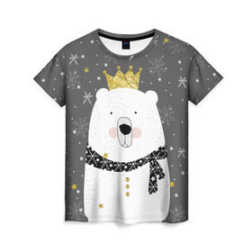 Женская футболка 3D с принтом Белый медведь в короне в Екатеринбурге, 100% полиэфир ( синтетическое хлопкоподобное полотно) | прямой крой, круглый вырез горловины, длина до линии бедер | animal | bear | crown | gold | mountains | scarf | snow | snowflakes | stars | white | winter | белый | горы | животные | звезды | зима | золотая | корона | медведь | снег | снежинки | шарф
