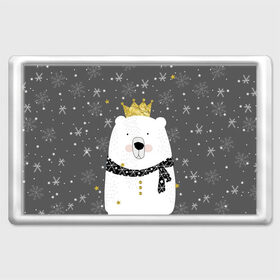 Магнит 45*70 с принтом Белый медведь в короне в Екатеринбурге, Пластик | Размер: 78*52 мм; Размер печати: 70*45 | animal | bear | crown | gold | mountains | scarf | snow | snowflakes | stars | white | winter | белый | горы | животные | звезды | зима | золотая | корона | медведь | снег | снежинки | шарф