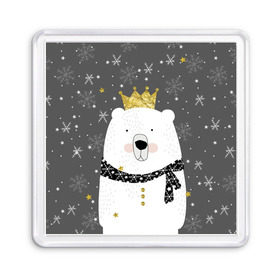 Магнит 55*55 с принтом Белый медведь в короне в Екатеринбурге, Пластик | Размер: 65*65 мм; Размер печати: 55*55 мм | animal | bear | crown | gold | mountains | scarf | snow | snowflakes | stars | white | winter | белый | горы | животные | звезды | зима | золотая | корона | медведь | снег | снежинки | шарф