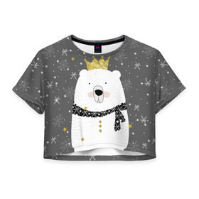 Женская футболка 3D укороченная с принтом Белый медведь в короне в Екатеринбурге, 100% полиэстер | круглая горловина, длина футболки до линии талии, рукава с отворотами | animal | bear | crown | gold | mountains | scarf | snow | snowflakes | stars | white | winter | белый | горы | животные | звезды | зима | золотая | корона | медведь | снег | снежинки | шарф