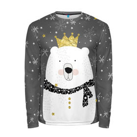 Мужской лонгслив 3D с принтом Белый медведь в короне в Екатеринбурге, 100% полиэстер | длинные рукава, круглый вырез горловины, полуприлегающий силуэт | animal | bear | crown | gold | mountains | scarf | snow | snowflakes | stars | white | winter | белый | горы | животные | звезды | зима | золотая | корона | медведь | снег | снежинки | шарф