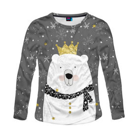 Женский лонгслив 3D с принтом Белый медведь в короне в Екатеринбурге, 100% полиэстер | длинные рукава, круглый вырез горловины, полуприлегающий силуэт | animal | bear | crown | gold | mountains | scarf | snow | snowflakes | stars | white | winter | белый | горы | животные | звезды | зима | золотая | корона | медведь | снег | снежинки | шарф