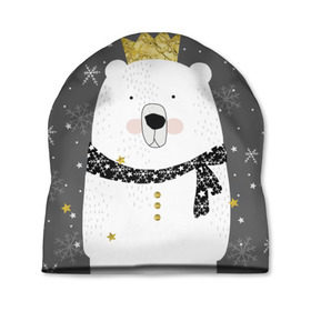 Шапка 3D с принтом Белый медведь в короне в Екатеринбурге, 100% полиэстер | универсальный размер, печать по всей поверхности изделия | animal | bear | crown | gold | mountains | scarf | snow | snowflakes | stars | white | winter | белый | горы | животные | звезды | зима | золотая | корона | медведь | снег | снежинки | шарф