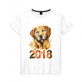 Женская футболка хлопок с принтом Собака 2018 в Екатеринбурге, 100% хлопок | прямой крой, круглый вырез горловины, длина до линии бедер, слегка спущенное плечо | зима | новый год | подарок | рождество | собака