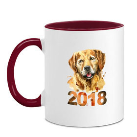Кружка двухцветная с принтом Собака 2018 в Екатеринбурге, керамика | объем — 330 мл, диаметр — 80 мм. Цветная ручка и кайма сверху, в некоторых цветах — вся внутренняя часть | зима | новый год | подарок | рождество | собака