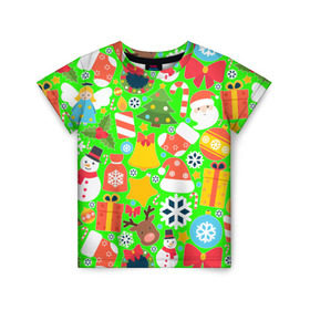 Детская футболка 3D с принтом Новогодняя текстура в Екатеринбурге, 100% гипоаллергенный полиэфир | прямой крой, круглый вырез горловины, длина до линии бедер, чуть спущенное плечо, ткань немного тянется | елка | елочные игрушки | зима | подарки | снеговик