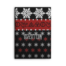 Обложка для автодокументов с принтом Праздничный Led Zeppelin в Екатеринбурге, натуральная кожа |  размер 19,9*13 см; внутри 4 больших “конверта” для документов и один маленький отдел — туда идеально встанут права | Тематика изображения на принте: led zeppelin | блюз | группа | джимми пейдж | джон генри бонэм | джон пол джонс | знак | красный | лед зепелен | лед зеппелин | метал | надпись | новогодний | новый год | праздник | роберт плант | рождество