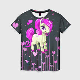 Женская футболка 3D с принтом Pony в Екатеринбурге, 100% полиэфир ( синтетическое хлопкоподобное полотно) | прямой крой, круглый вырез горловины, длина до линии бедер | pink | poni | pony | лошадка | лошадь | пони | розовый