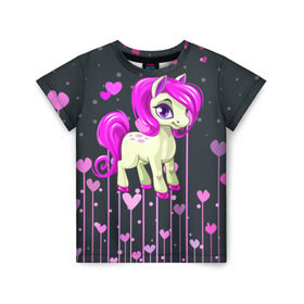 Детская футболка 3D с принтом Pony в Екатеринбурге, 100% гипоаллергенный полиэфир | прямой крой, круглый вырез горловины, длина до линии бедер, чуть спущенное плечо, ткань немного тянется | Тематика изображения на принте: pink | poni | pony | лошадка | лошадь | пони | розовый