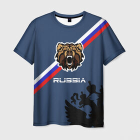 Мужская футболка 3D с принтом Russia медведь в Екатеринбурге, 100% полиэфир | прямой крой, круглый вырез горловины, длина до линии бедер | russia | белый синий красный | герб | патриот | российская федерация | российский | россия | русский | рф | триколор | флаг