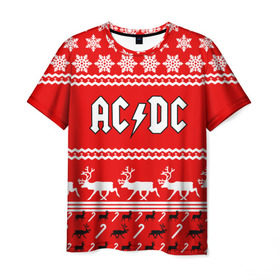 Мужская футболка 3D с принтом Праздничный AC/DC в Екатеринбурге, 100% полиэфир | прямой крой, круглый вырез горловины, длина до линии бедер | Тематика изображения на принте: ac dc | acdc |   снежинки | ангус янг | ас дс | асдс | крис слэйд | новогодний | новый год | рождество | стиви янг | эксл роуз