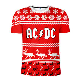 Мужская футболка 3D спортивная с принтом Праздничный AC/DC в Екатеринбурге, 100% полиэстер с улучшенными характеристиками | приталенный силуэт, круглая горловина, широкие плечи, сужается к линии бедра | ac dc | acdc |   снежинки | ангус янг | ас дс | асдс | крис слэйд | новогодний | новый год | рождество | стиви янг | эксл роуз