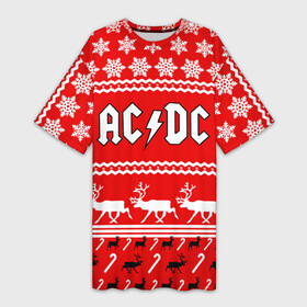 Платье-футболка 3D с принтом Праздничный AC DC в Екатеринбурге,  |  | Тематика изображения на принте: ac dc | acdc |   снежинки | ангус янг | ас дс | асдс | крис слэйд | новогодний | новый год | рождество | стиви янг | эксл роуз