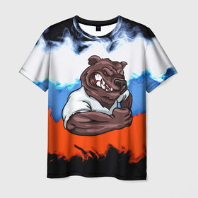 Мужская футболка 3D с принтом Медведь в Екатеринбурге, 100% полиэфир | прямой крой, круглый вырез горловины, длина до линии бедер | abstraction | grunge | абстракция | краска | медведь | русский | триколор | я русский