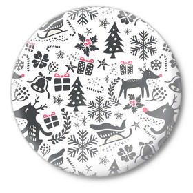 Значок с принтом Дуx рождества в Екатеринбурге,  металл | круглая форма, металлическая застежка в виде булавки | Тематика изображения на принте: год | елка | зима | колокольчик  | новый | олень | подарки | праздник | сани | снег | снежинки | узор
