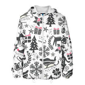 Мужская куртка 3D с принтом Дуx рождества в Екатеринбурге, ткань верха — 100% полиэстер, подклад — флис | прямой крой, подол и капюшон оформлены резинкой с фиксаторами, два кармана без застежек по бокам, один большой потайной карман на груди. Карман на груди застегивается на липучку | год | елка | зима | колокольчик  | новый | олень | подарки | праздник | сани | снег | снежинки | узор