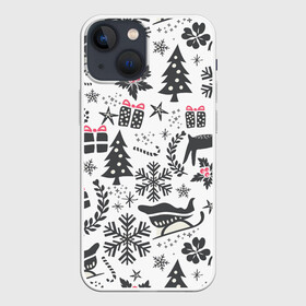 Чехол для iPhone 13 mini с принтом ДУХ РОЖДЕСТВА | MERRY CHRISTMAS в Екатеринбурге,  |  | год | елка | зима | колокольчик  | новый | олень | подарки | праздник | сани | снег | снежинки | узор