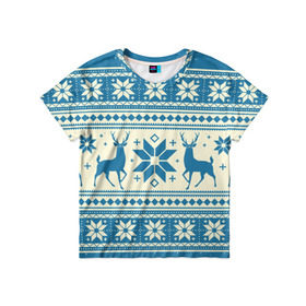 Детская футболка 3D с принтом Наш веселый Новый год в Екатеринбурге, 100% гипоаллергенный полиэфир | прямой крой, круглый вырез горловины, длина до линии бедер, чуть спущенное плечо, ткань немного тянется | новый год | олень | свитер | снег | снежинки | узор
