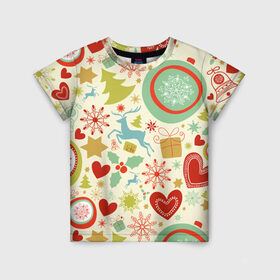 Детская футболка 3D с принтом Новогодние чудеса в Екатеринбурге, 100% гипоаллергенный полиэфир | прямой крой, круглый вырез горловины, длина до линии бедер, чуть спущенное плечо, ткань немного тянется | милый | паттерн | разноцветный | рождество | светлый
