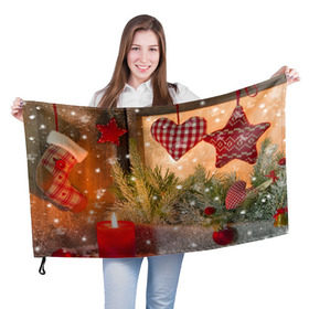 Флаг 3D с принтом Новогодняя сказка в Екатеринбурге, 100% полиэстер | плотность ткани — 95 г/м2, размер — 67 х 109 см. Принт наносится с одной стороны | елка | мягкие игрушки | новый год снег | свеча | снежинки