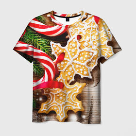 Мужская футболка 3D с принтом Однажды в Сочельник в Екатеринбурге, 100% полиэфир | прямой крой, круглый вырез горловины, длина до линии бедер | елка | новый год снег | пряники | сладость | снежинки