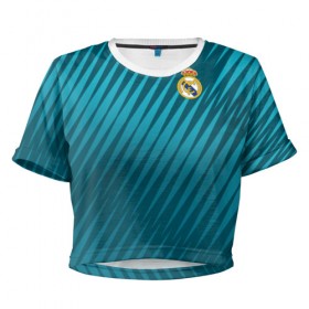 Женская футболка 3D укороченная с принтом Real Madrid 2018 Sportwear в Екатеринбурге, 100% полиэстер | круглая горловина, длина футболки до линии талии, рукава с отворотами | Тематика изображения на принте: 