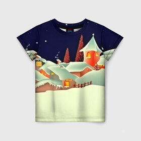 Детская футболка 3D с принтом Новогодняя ночь! в Екатеринбурге, 100% гипоаллергенный полиэфир | прямой крой, круглый вырез горловины, длина до линии бедер, чуть спущенное плечо, ткань немного тянется | christmas | new year | елка | елочки | новогодний | новый год | рождество | снег | снежинки