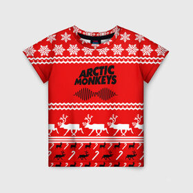 Детская футболка 3D с принтом Arctic Monkeys в Екатеринбурге, 100% гипоаллергенный полиэфир | прямой крой, круглый вырез горловины, длина до линии бедер, чуть спущенное плечо, ткань немного тянется | arc | алекс тёрнер | арктик | арктические | гаражный | группа | джейми кук | знак | инди | красный | манкис | мартышки | музыка | надпись | ник о мэлли | новогодний | новый год | обезьяна | постпанк