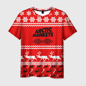 Мужская футболка 3D с принтом Arctic Monkeys в Екатеринбурге, 100% полиэфир | прямой крой, круглый вырез горловины, длина до линии бедер | arc | алекс тёрнер | арктик | арктические | гаражный | группа | джейми кук | знак | инди | красный | манкис | мартышки | музыка | надпись | ник о мэлли | новогодний | новый год | обезьяна | постпанк