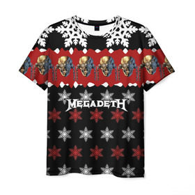 Мужская футболка 3D с принтом Праздничный Megadeth в Екатеринбурге, 100% полиэфир | прямой крой, круглый вырез горловины, длина до линии бедер | me | megadeth | группа | дирк вербурен | дэвид эллефсон | дэйв мастейн | знак | кико лоурейро | красный | мегадет | метал | надпись | новогодний | новый год | праздник | рождество | рок | снежинки | трэш