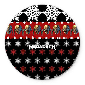 Коврик для мышки круглый с принтом Праздничный Megadeth в Екатеринбурге, резина и полиэстер | круглая форма, изображение наносится на всю лицевую часть | Тематика изображения на принте: me | megadeth | группа | дирк вербурен | дэвид эллефсон | дэйв мастейн | знак | кико лоурейро | красный | мегадет | метал | надпись | новогодний | новый год | праздник | рождество | рок | снежинки | трэш