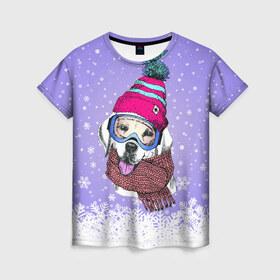 Женская футболка 3D с принтом Winter в Екатеринбурге, 100% полиэфир ( синтетическое хлопкоподобное полотно) | прямой крой, круглый вырез горловины, длина до линии бедер | зима | пес | снег | собака | шапка | шарф
