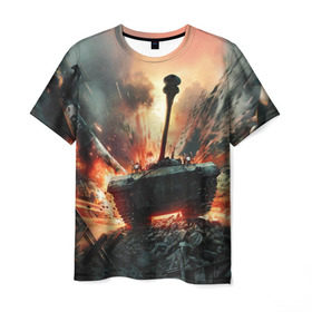 Мужская футболка 3D с принтом Танки в Екатеринбурге, 100% полиэфир | прямой крой, круглый вырез горловины, длина до линии бедер | взрыв | военные действия | война | вторая мировая | огонь | поле битвы | поле брани | самолет | танки