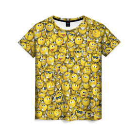 Женская футболка 3D с принтом Веселые смайлики в Екатеринбурге, 100% полиэфир ( синтетическое хлопкоподобное полотно) | прямой крой, круглый вырез горловины, длина до линии бедер | emoji | smile | желтый | круглый | лица | паттерн | смайл | улыбка | эмоции