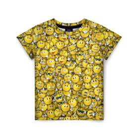 Детская футболка 3D с принтом Веселые смайлики в Екатеринбурге, 100% гипоаллергенный полиэфир | прямой крой, круглый вырез горловины, длина до линии бедер, чуть спущенное плечо, ткань немного тянется | emoji | smile | желтый | круглый | лица | паттерн | смайл | улыбка | эмоции