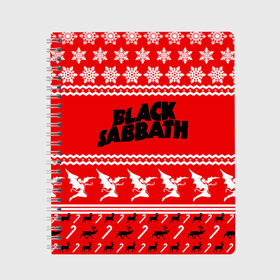 Тетрадь с принтом Праздничный Black Sabbath в Екатеринбурге, 100% бумага | 48 листов, плотность листов — 60 г/м2, плотность картонной обложки — 250 г/м2. Листы скреплены сбоку удобной пружинной спиралью. Уголки страниц и обложки скругленные. Цвет линий — светло-серый
 | Тематика изображения на принте: black sabbath | ozzy osbourne | ангелы | билл уорд | гизер батлер | группа | знак | красный | метал | музыка | надпись | новогодний | новый год | оззи | осборн | песни | праздник | ро | рождество | рок | снежинки