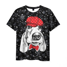 Мужская футболка 3D с принтом Бассет-хаунд в Екатеринбурге, 100% полиэфир | прямой крой, круглый вырез горловины, длина до линии бедер | bow | breed | cap | christmas | dog | holiday | new year | red | wint | бант | бассет хаунд | белый | взгляд | горошек | зима | красный | новый год | порода | праздник | рождество | снег | снежинки | собака | фуражка