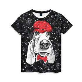 Женская футболка 3D с принтом Бассет-хаунд в Екатеринбурге, 100% полиэфир ( синтетическое хлопкоподобное полотно) | прямой крой, круглый вырез горловины, длина до линии бедер | bow | breed | cap | christmas | dog | holiday | new year | red | wint | бант | бассет хаунд | белый | взгляд | горошек | зима | красный | новый год | порода | праздник | рождество | снег | снежинки | собака | фуражка