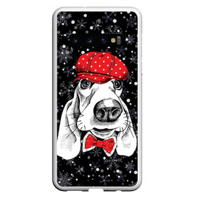 Чехол для Samsung Galaxy S10 с принтом Бассет-хаунд в Екатеринбурге, Силикон | Область печати: задняя сторона чехла, без боковых панелей | bow | breed | cap | christmas | dog | holiday | new year | red | wint | бант | бассет хаунд | белый | взгляд | горошек | зима | красный | новый год | порода | праздник | рождество | снег | снежинки | собака | фуражка