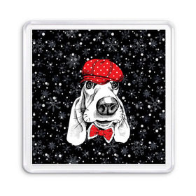Магнит 55*55 с принтом Бассет-хаунд в Екатеринбурге, Пластик | Размер: 65*65 мм; Размер печати: 55*55 мм | Тематика изображения на принте: bow | breed | cap | christmas | dog | holiday | new year | red | wint | бант | бассет хаунд | белый | взгляд | горошек | зима | красный | новый год | порода | праздник | рождество | снег | снежинки | собака | фуражка