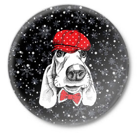 Значок с принтом Бассет-хаунд в Екатеринбурге,  металл | круглая форма, металлическая застежка в виде булавки | Тематика изображения на принте: bow | breed | cap | christmas | dog | holiday | new year | red | wint | бант | бассет хаунд | белый | взгляд | горошек | зима | красный | новый год | порода | праздник | рождество | снег | снежинки | собака | фуражка