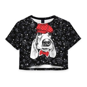 Женская футболка 3D укороченная с принтом Бассет-хаунд в Екатеринбурге, 100% полиэстер | круглая горловина, длина футболки до линии талии, рукава с отворотами | bow | breed | cap | christmas | dog | holiday | new year | red | wint | бант | бассет хаунд | белый | взгляд | горошек | зима | красный | новый год | порода | праздник | рождество | снег | снежинки | собака | фуражка