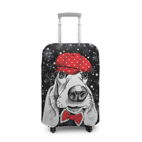 Чехол для чемодана 3D с принтом Бассет-хаунд в Екатеринбурге, 86% полиэфир, 14% спандекс | двустороннее нанесение принта, прорези для ручек и колес | bow | breed | cap | christmas | dog | holiday | new year | red | wint | бант | бассет хаунд | белый | взгляд | горошек | зима | красный | новый год | порода | праздник | рождество | снег | снежинки | собака | фуражка