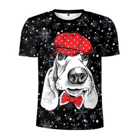 Мужская футболка 3D спортивная с принтом Бассет-хаунд в Екатеринбурге, 100% полиэстер с улучшенными характеристиками | приталенный силуэт, круглая горловина, широкие плечи, сужается к линии бедра | Тематика изображения на принте: bow | breed | cap | christmas | dog | holiday | new year | red | wint | бант | бассет хаунд | белый | взгляд | горошек | зима | красный | новый год | порода | праздник | рождество | снег | снежинки | собака | фуражка
