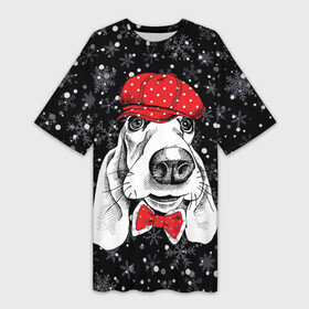 Платье-футболка 3D с принтом Бассет хаунд в Екатеринбурге,  |  | Тематика изображения на принте: bow | breed | cap | christmas | dog | holiday | new year | red | wint | бант | бассет хаунд | белый | взгляд | горошек | зима | красный | новый год | порода | праздник | рождество | снег | снежинки | собака | фуражка